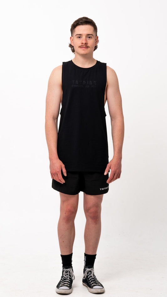 Black colour, muscle up tank, with embroidered black logo in the middle of the chest. For gym ,training, weights, crossfit