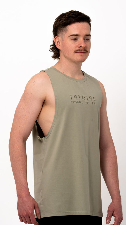 olive green colour, muscle up tank, with embroidered logo in the middle of the chest. For gym ,training, weights, crossfit